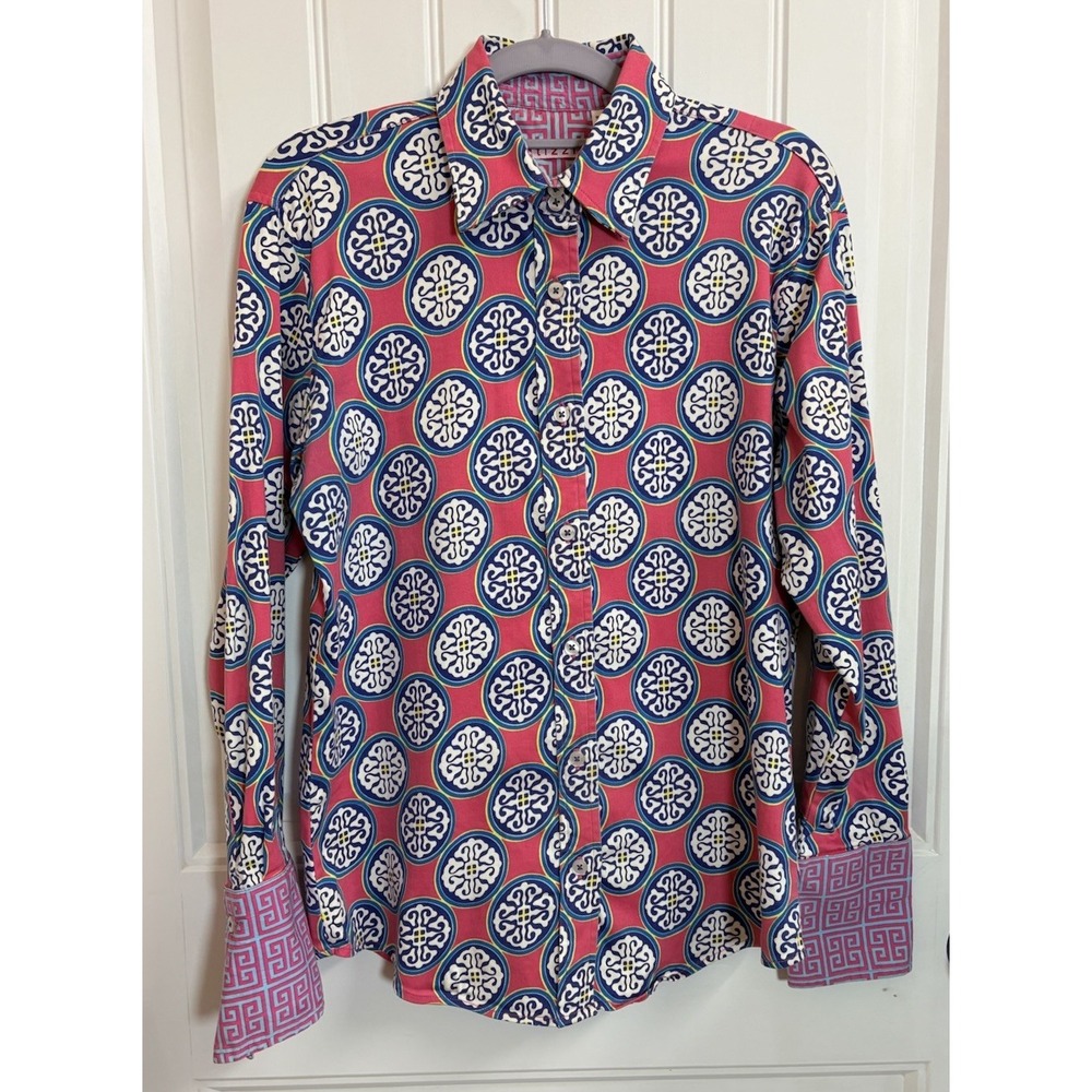 Tizzie Women's Small Pink Medallion Print Button Down Shirt Coastal Preppy